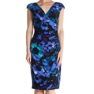 Lauren Ralph Lauren Sheath Dress Size 2 V-Neck Ruched Blue Floral Faux Wrap